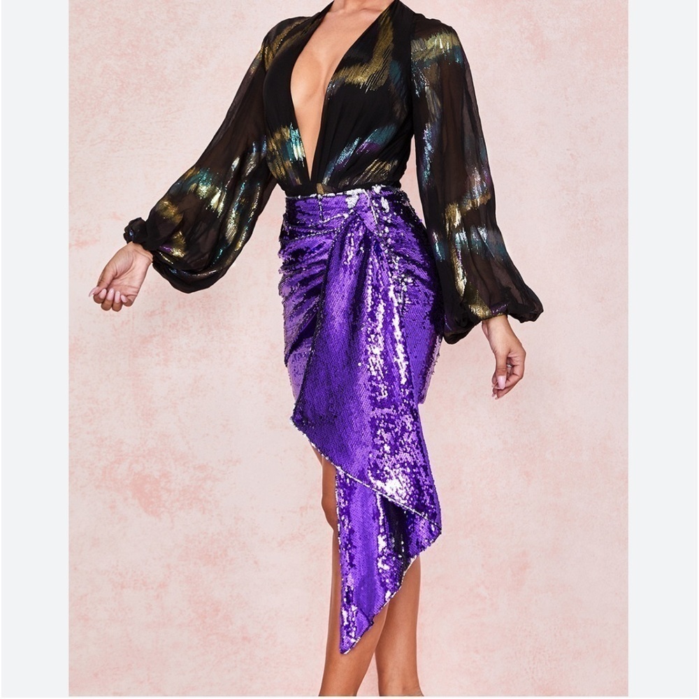 House of CB Katya Purple Sequin Draped Mini Skirt - Picture 16 of 16